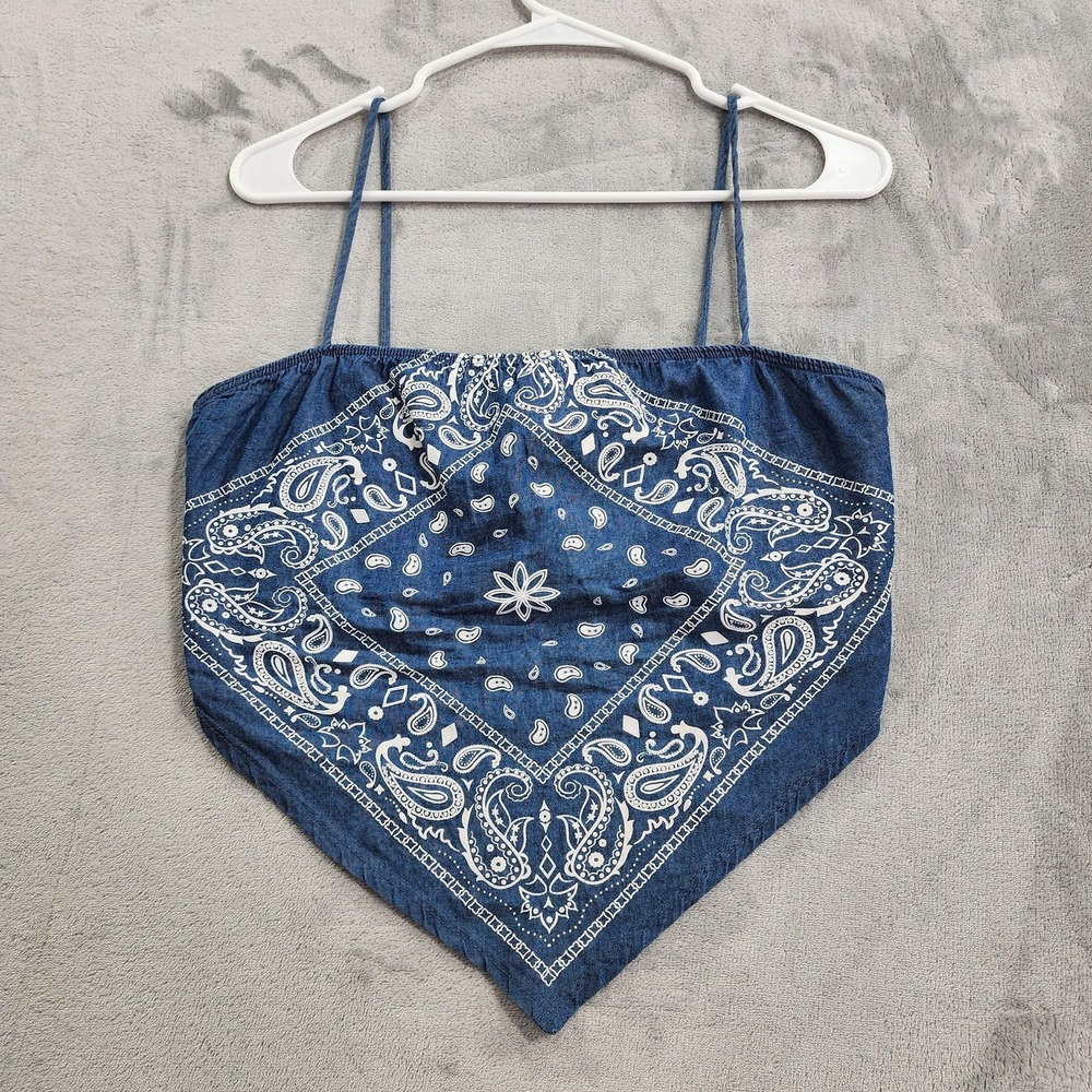 Vintage Fashion Magazine Top Womens L Blue Paisley Bandana Handkerchief Boho